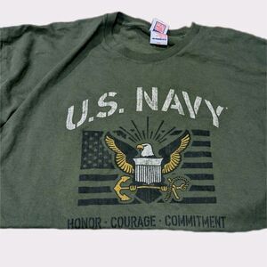 T-shirt 2XL Mens US Navy Military Vintage Green Bayside USA American Soldier